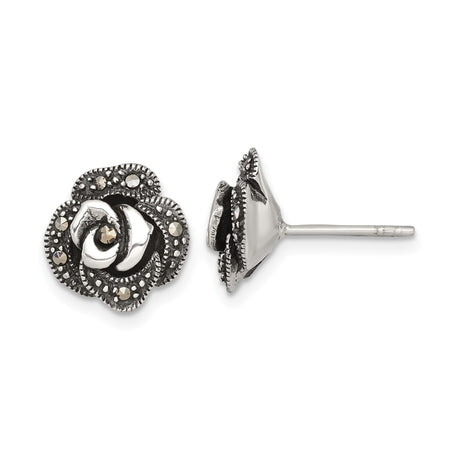 Sterling Silver Rose Stud Earrings with Marcasite Accents, Vintage Floral Design for Women