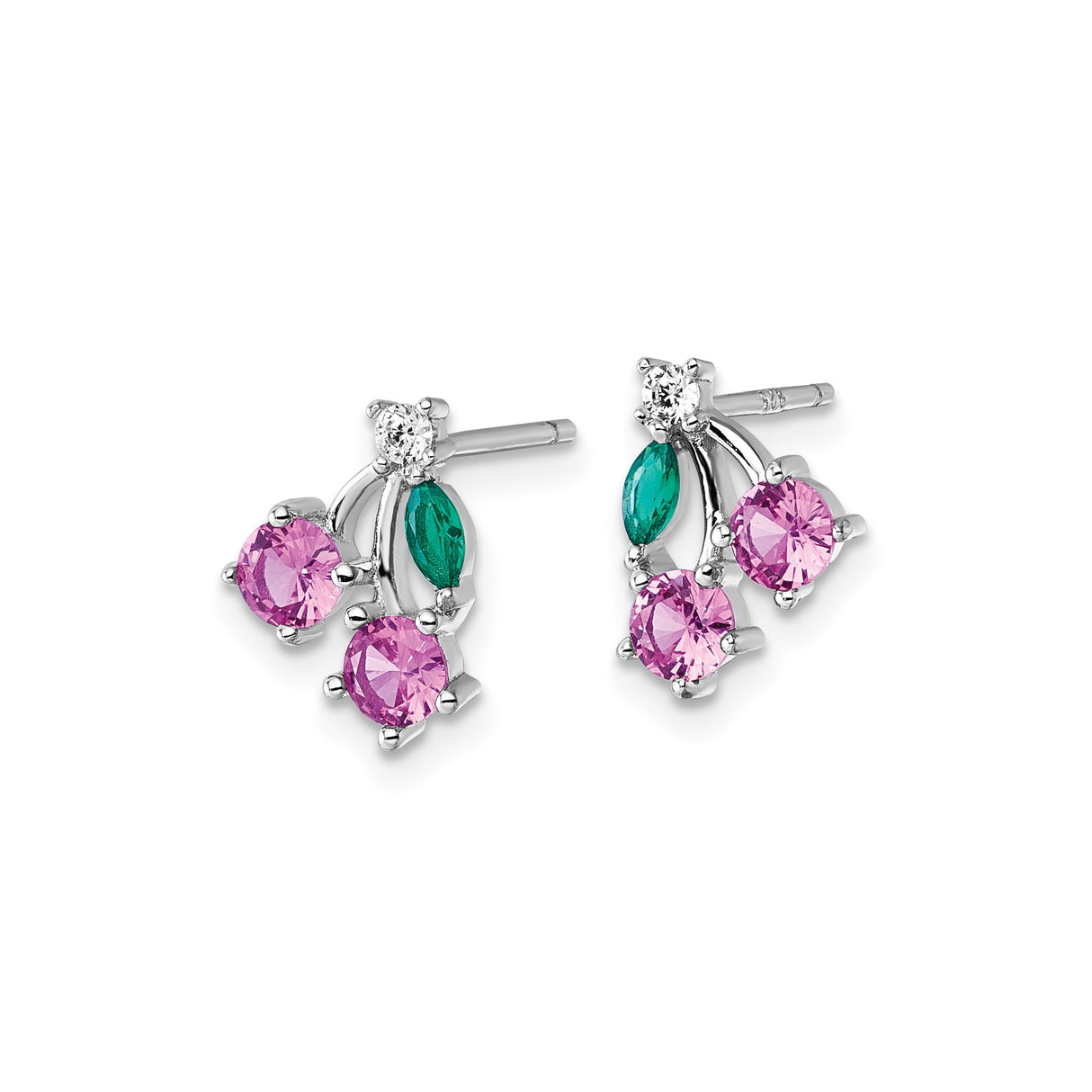 Sterling Silver Floral Stud Earrings with Pink, Green, and Clear Cubic Zirconia Cluster Design