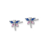 Sterling Silver Dragonfly Stud Earrings with Blue, Pink, and Clear Cubic Zirconia Accents