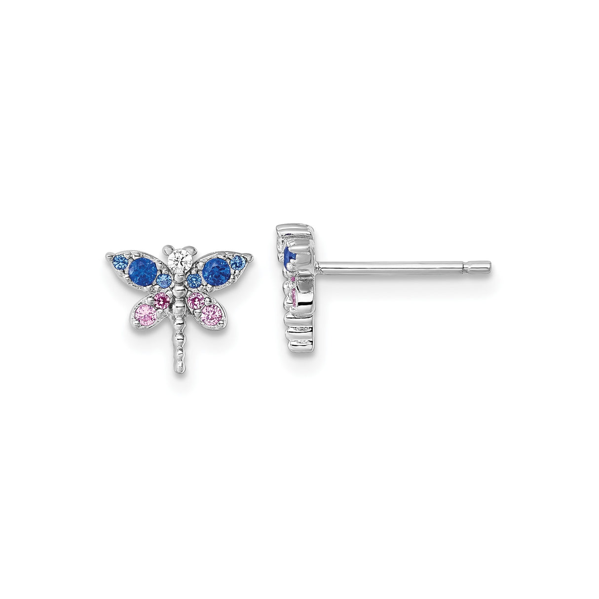 Sterling Silver Dragonfly Stud Earrings with Blue, Pink, and Clear Cubic Zirconia Accents