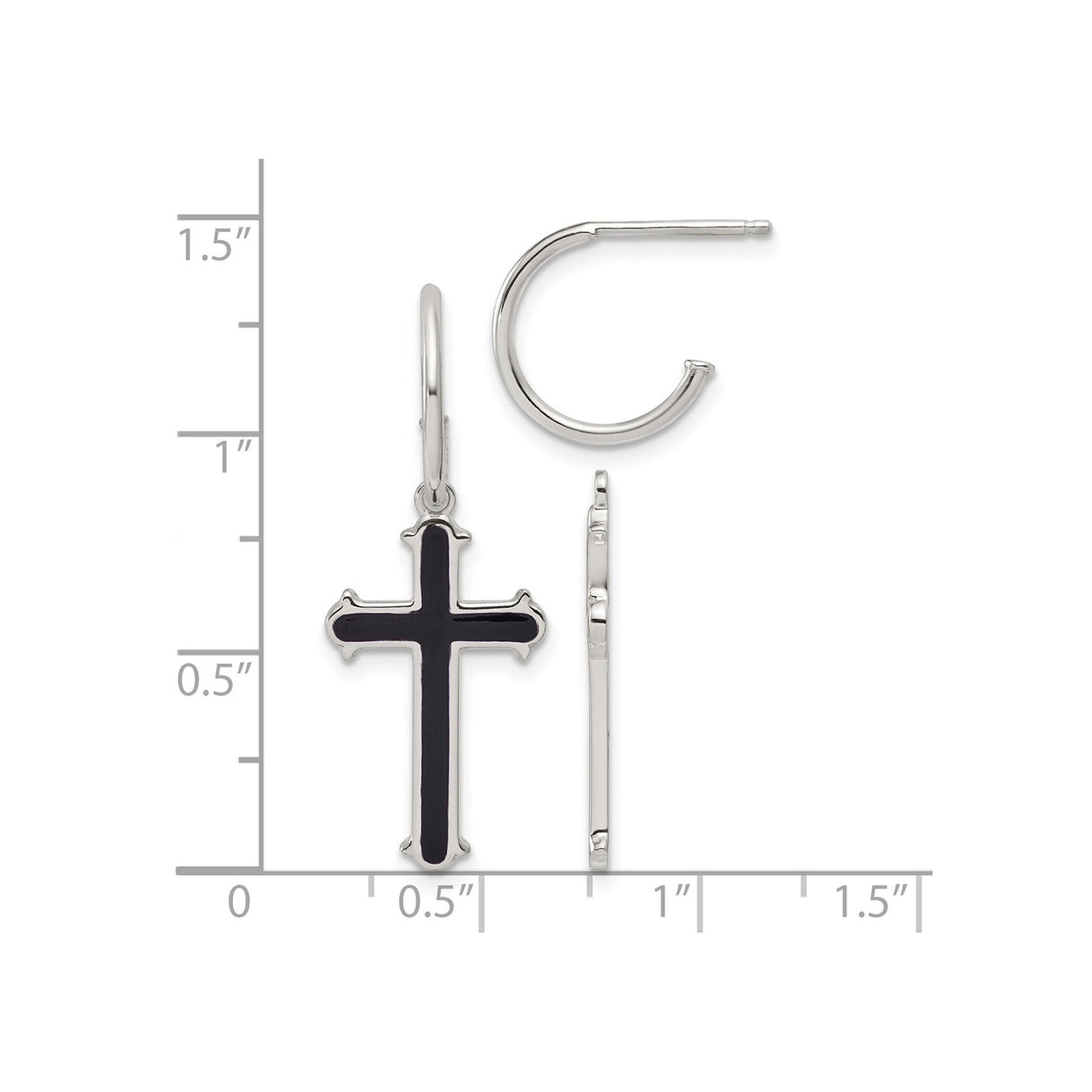 Sterling Silver Hoop Earrings with Black Enamel Cross Charm, Unisex Religious Jewelry