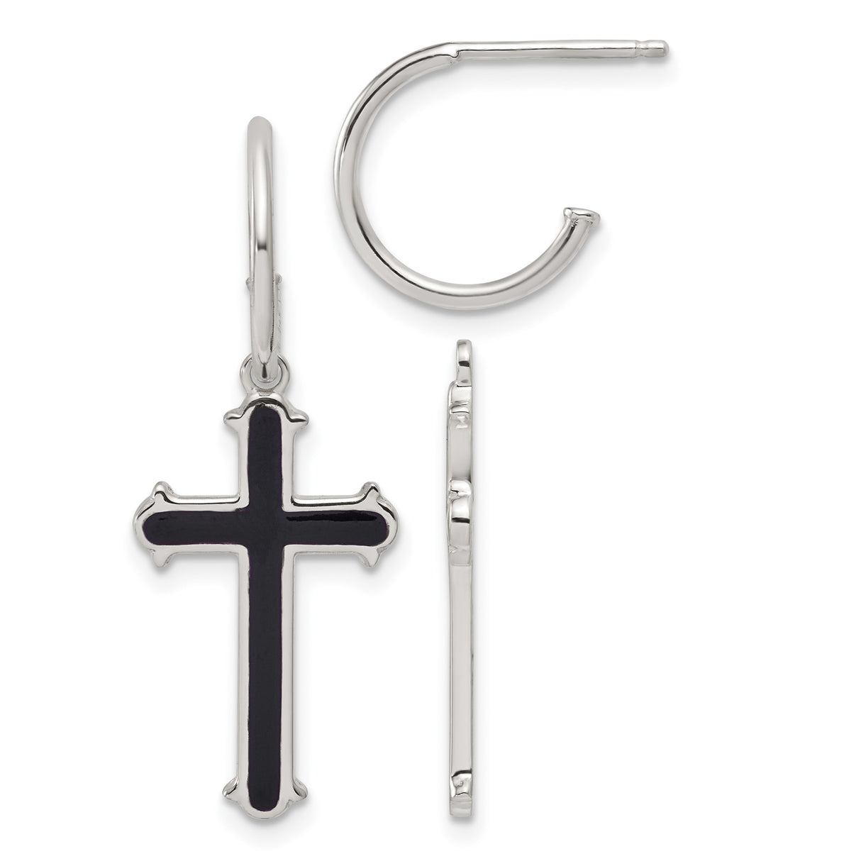 Sterling Silver Hoop Earrings with Black Enamel Cross Charm, Unisex Religious Jewelry