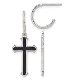 Sterling Silver Hoop Earrings with Black Enamel Cross Charm, Unisex Religious Jewelry