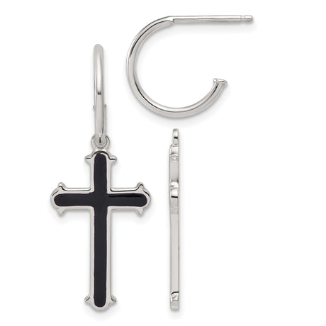 Sterling Silver Hoop Earrings with Black Enamel Cross Charm, Unisex Religious Jewelry