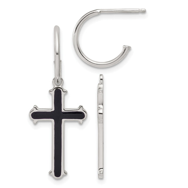 Sterling Silver Hoop Earrings with Black Enamel Cross Charm, Unisex Religious Jewelry