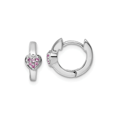 Sterling Silver Huggie Hoop Earrings with Pink Cubic Zirconia Heart Accents