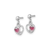 Sterling Silver Open Heart Dangle Earrings with Pink Enamel Accent, Triple Heart Design for Women