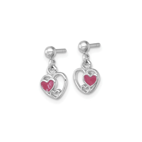 Sterling Silver Open Heart Dangle Earrings with Pink Enamel Accent, Triple Heart Design for Women