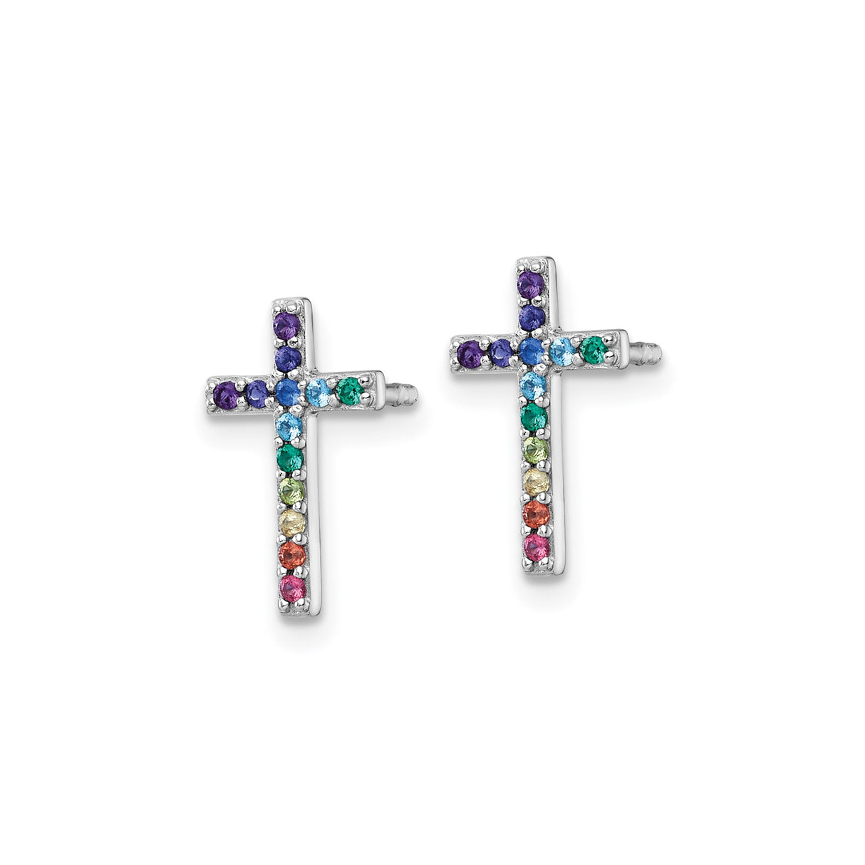 Sterling Silver Cross Earrings with Multicolored Cubic Zirconia, Rainbow Christian Jewelry for Women