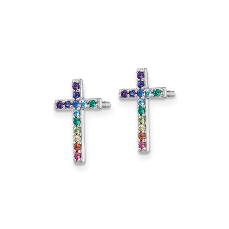 Sterling Silver Cross Earrings with Multicolored Cubic Zirconia, Rainbow Christian Jewelry for Women