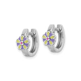 Sterling Silver Flower Hoop Earrings with Enamel Daisy Design in Pink, Purple and Yellow for Girls