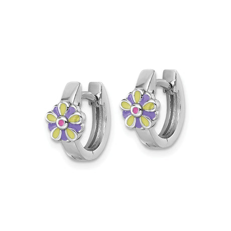 Sterling Silver Flower Hoop Earrings with Enamel Daisy Design in Pink, Purple and Yellow for Girls