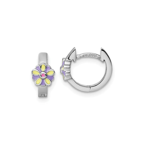 Sterling Silver Flower Hoop Earrings with Enamel Daisy Design in Pink, Purple and Yellow for Girls