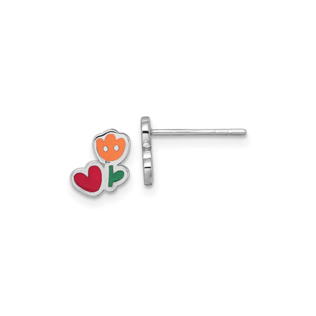 Sterling Silver Tulip Earrings with Red Heart, Rhodium Plated Studs Featuring Colorful Enamel Flower Design, Lightweight Floral Enamel Jewelry, Everyday Girl Earrings, Polished Silver Posts