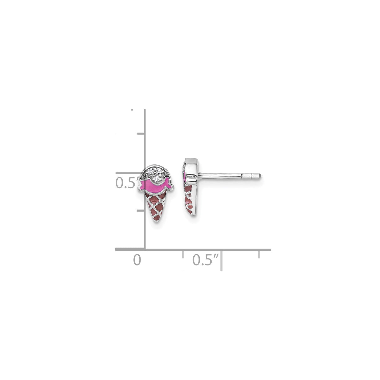 Sterling Silver Ice Cream Cone Stud Earrings with Cubic Zirconia and Enamel for Teens