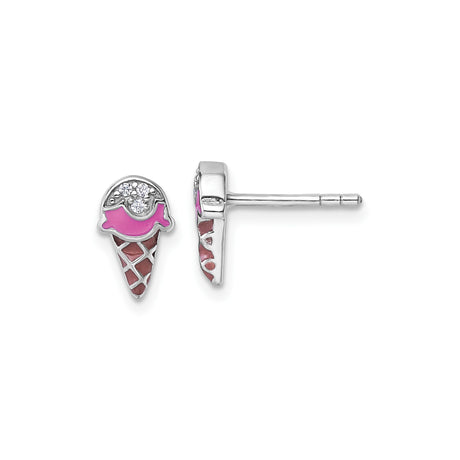 Sterling Silver Ice Cream Cone Stud Earrings with Cubic Zirconia and Enamel for Teens