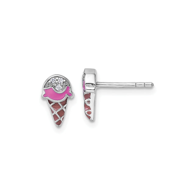 Sterling Silver Ice Cream Cone Stud Earrings with Cubic Zirconia and Enamel for Teens