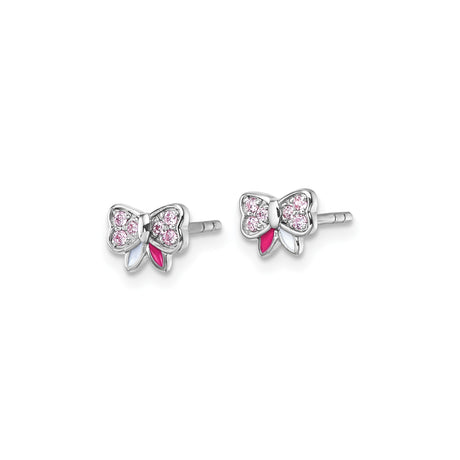 Sterling Silver Butterfly Stud Earrings with Pink Cubic Zirconia and White Enamel for Girls