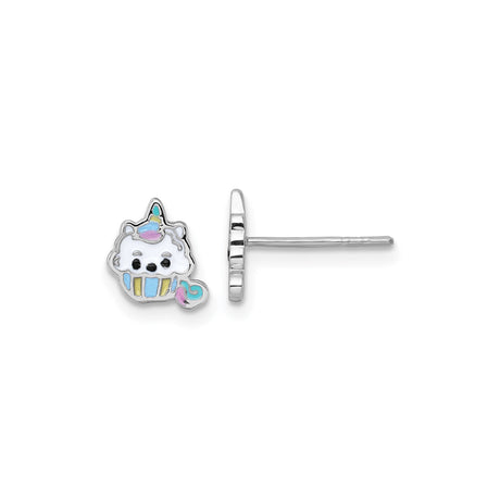 Sterling Silver Unicorn Cupcake Stud Earrings with Colorful Enamel, Rhodium Plated Post, Whimsical and Fun Small Silver Studs for Girls, Fantasy Themed Jewelry with Rainbow and Magic Design Elements