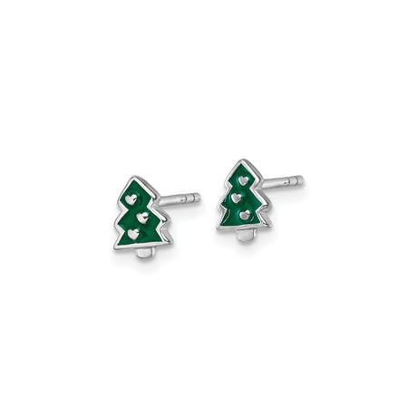 Sterling Silver Christmas Tree Stud Earrings with Green Enamel and Heart Accents