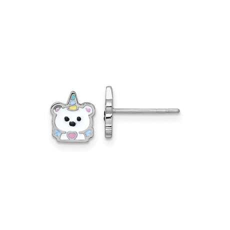 Sterling Silver Unicorn Bear Stud Earrings for Girls with Pastel Enamel, Rhodium Plated Mini Animal Theme Jewelry, Heart Accent Whimsical Design, Cute Fantasy Creature Ear Jewelry