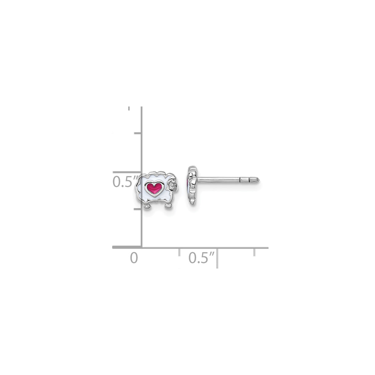 Sterling Silver Sheep Earrings with White Enamel and Pink Heart, Cute Animal Studs for Girls