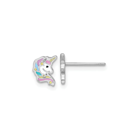 Sterling Silver Unicorn Stud Earrings with Pink Blue Yellow and White Enamel Accents, Rhodium Plated Whimsical Fantasy Jewelry, Colorful Magical Unicorn Design for Girls and Fantasy Lovers