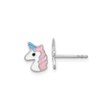 Sterling Silver Unicorn Stud Earrings for Girls with Pink and White Enamel, Blue Horn, Rhodium Plated Posts, Whimsical Fantasy Design, Delicate Magical Animal Jewelry, Everyday Wear Accessory