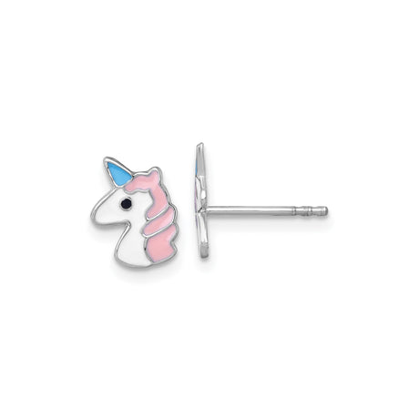 Sterling Silver Unicorn Stud Earrings for Girls with Pink and White Enamel, Blue Horn, Rhodium Plated Posts, Whimsical Fantasy Design, Delicate Magical Animal Jewelry, Everyday Wear Accessory