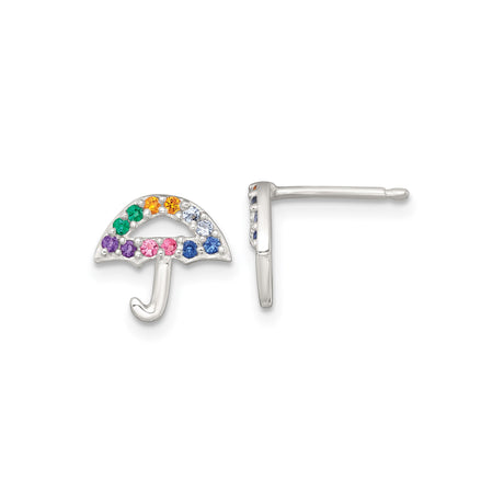 Sterling Silver Umbrella Shaped Stud Earrings for Women with Multicolor Cubic Zirconia Stones, Playful Lightweight Dainty Jewelry, Rainbow Design Fashion Studs for Everyday Casual Wear