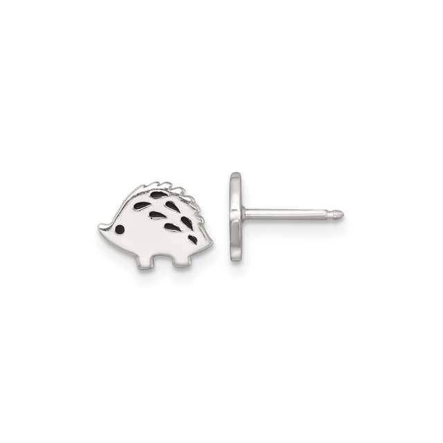 Sterling Silver Hedgehog Stud Earrings with Black Enamel, Cute Animal Woodland Jewelry