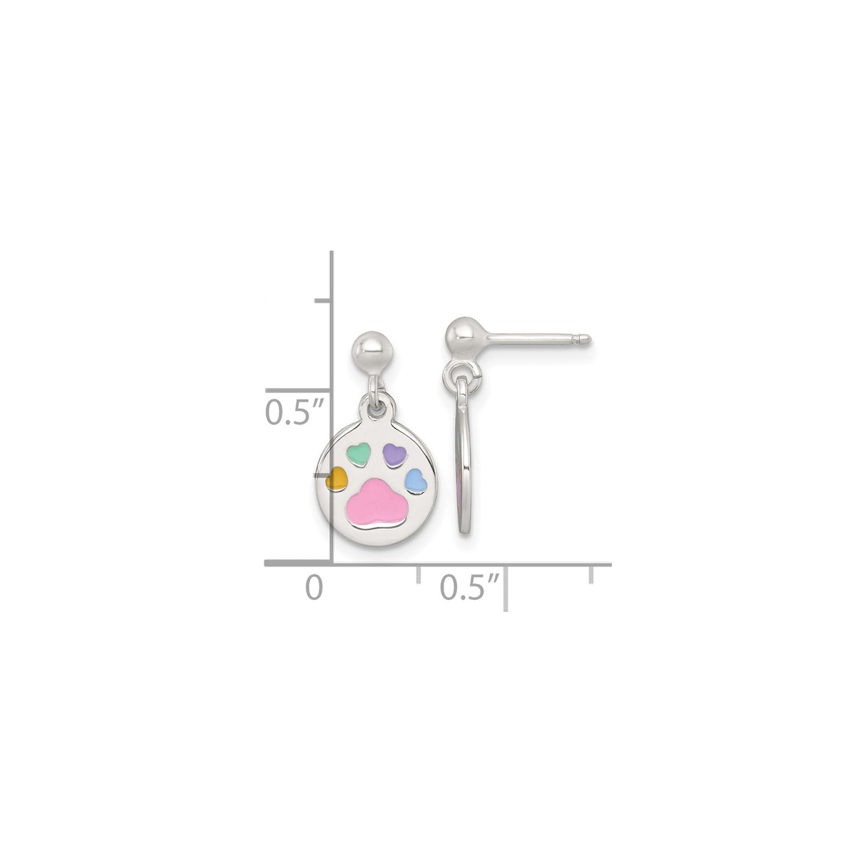 Sterling Silver Dangle Earrings with Pink Paw Print and Pastel Heart Enamel Design for Girls