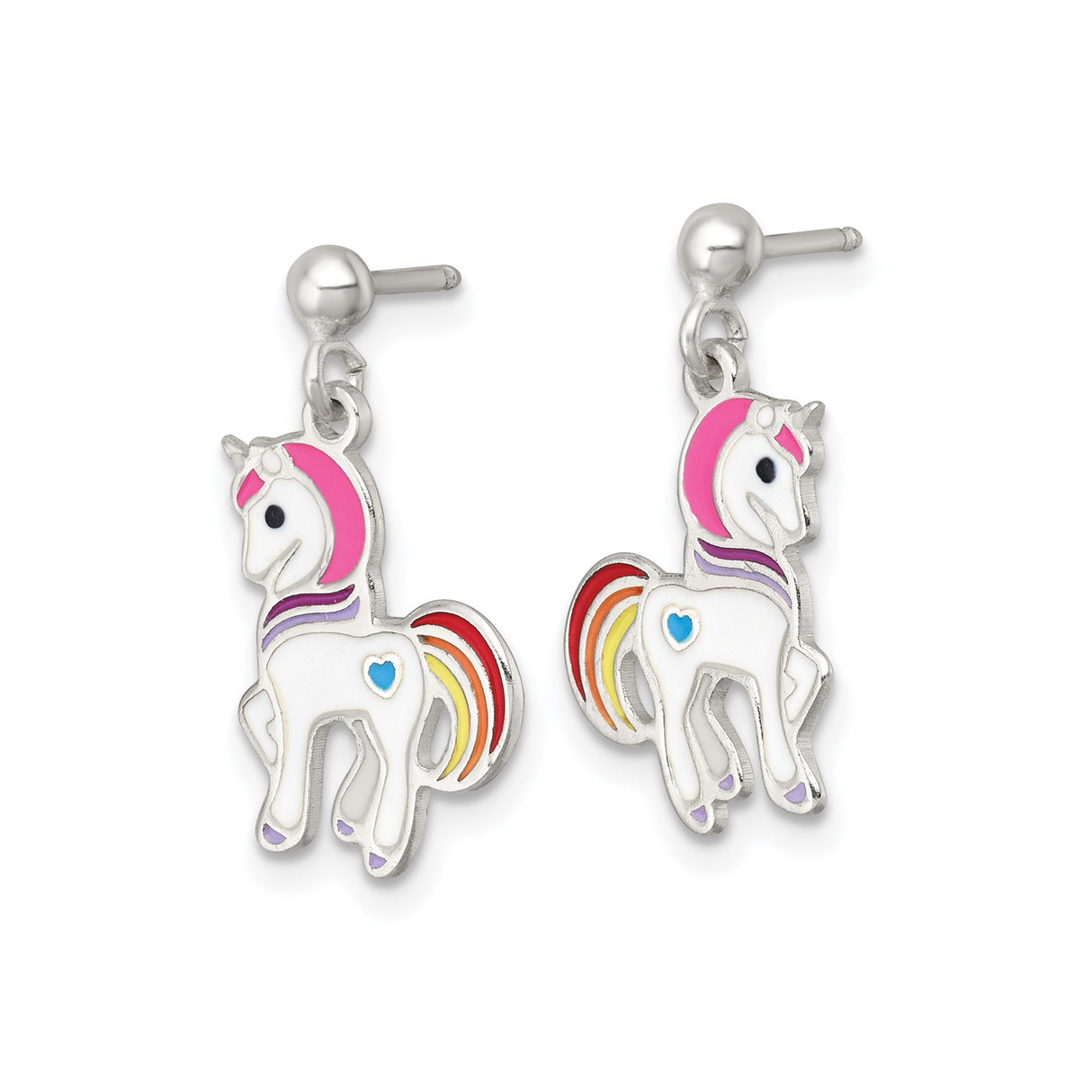 Sterling Silver Unicorn Dangle Earrings with Colorful Enamel and Heart Rainbow Design for Girls