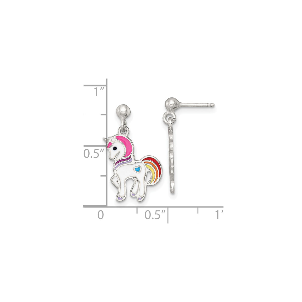 Sterling Silver Unicorn Dangle Earrings with Colorful Enamel and Heart Rainbow Design for Girls