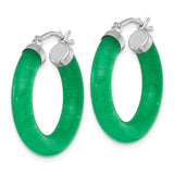 Sterling Silver Hoop Earrings with Green Jade Circle Design for Women