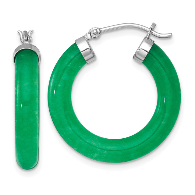 Sterling Silver Hoop Earrings with Green Jade Circle Design for Women