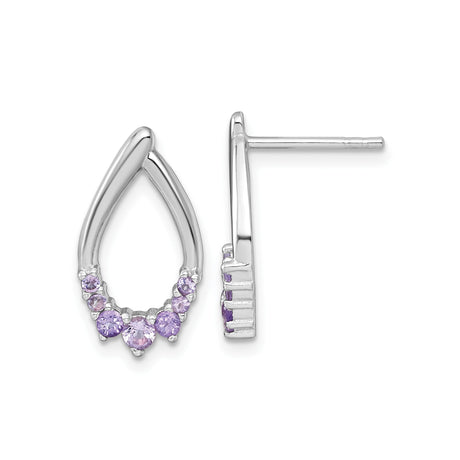 Sterling Silver Teardrop Stud Earrings for Women with Light Purple Round Cut Gemstones, Rhodium Plated Open Design, Elegant Minimalist Amethyst Jewelry, Modern Dainty Fashion Post Earrings