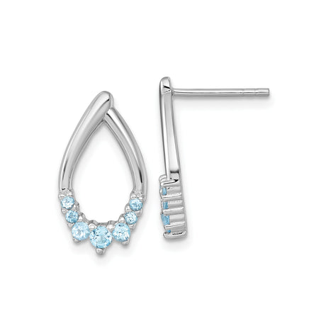 Sterling Silver Teardrop Stud Earrings for Women with Light Blue Gemstones, Modern Open Loop Design, Rhodium Plated Minimalist Jewelry, Everyday Wear Sleek Silver Studs, Polished Elegant Style