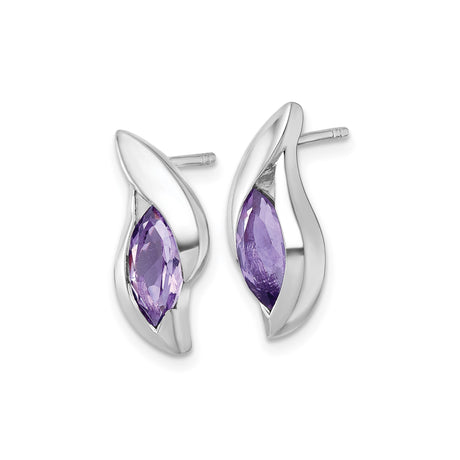 Sterling Silver Stud Earrings with Marquise Amethyst, Flame Inspired Modern Design
