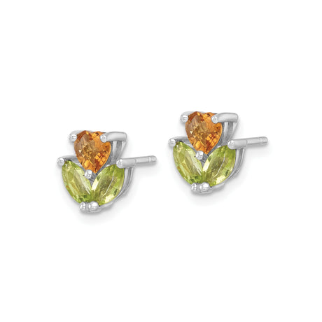 Sterling Silver Earrings with Heart-Shaped Citrine and Marquise Peridot, Floral Design Studs