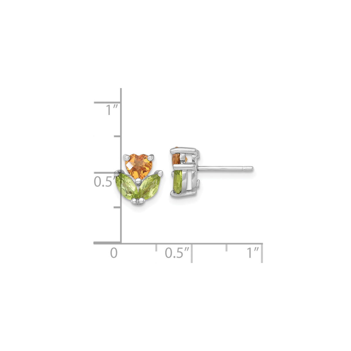 Sterling Silver Earrings with Heart-Shaped Citrine and Marquise Peridot, Floral Design Studs