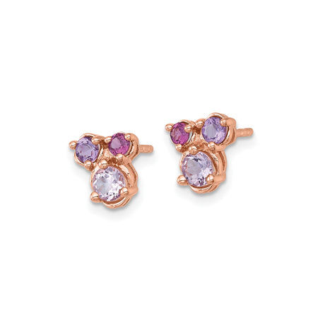 Sterling Silver Stud Earrings with Amethyst and Rhodolite Garnet, Floral Cluster Design