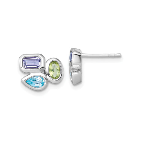 Sterling Silver Trio Gemstone Stud Earrings for Women with Blue Topaz, Peridot, and Amethyst in Bezel Set Cluster Design, Rhodium Plated Colorful Ear Jewelry with Modern Elegant Everyday Appeal
