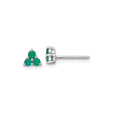 Sterling Silver Triangle Stud Earrings with Three Round Green Gemstones, Emerald Cluster Design, Minimalist Fine Jewelry for Women, Modern Geometric Studs, Rhodium Plated for Daily Wear