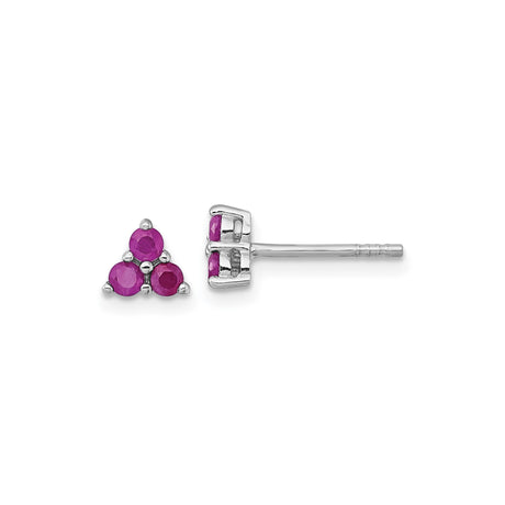 Sterling Silver Triangle Stud Earrings with Three Round Pink Gemstones , Minimalist Ruby Jewelry for Women, Rhodium Plated Modern Geometric Silver Studs, July Birthstone Fashion Earrings