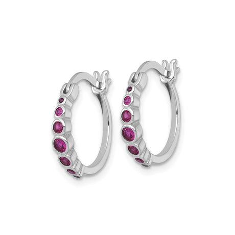 Sterling Silver Hoop Earrings with Created Ruby, Bezel Set, Modern Polished Design
