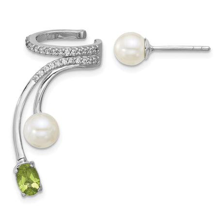 Sterling Silver Asymmetrical Stud Earrings with Freshwater Pearls and Peridot
