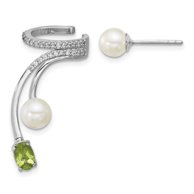 Sterling Silver Asymmetrical Stud Earrings with Freshwater Pearls and Peridot
