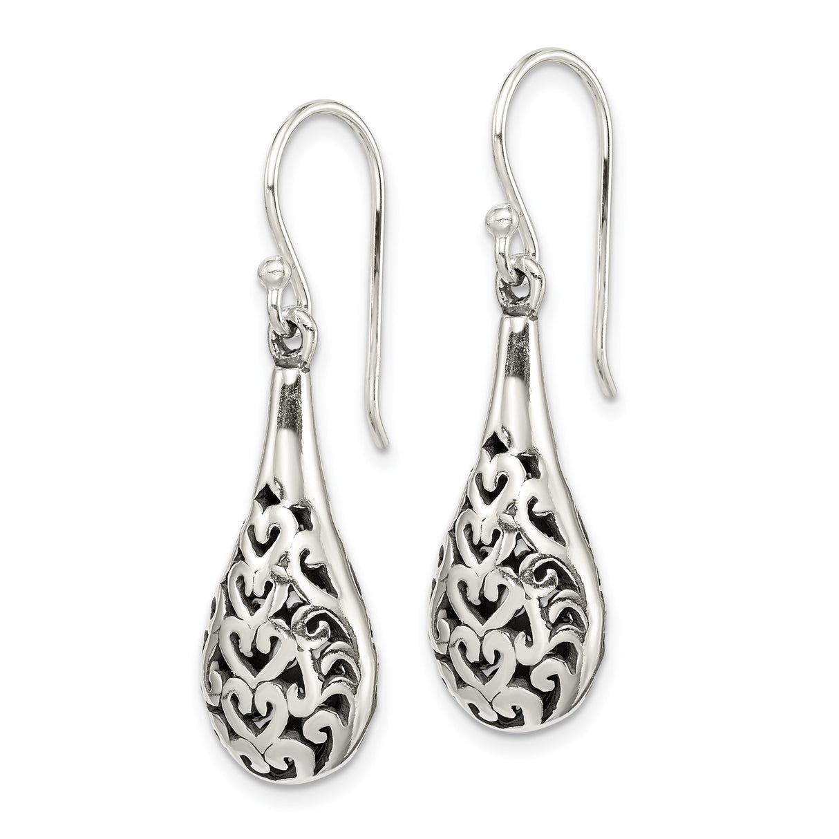 Sterling Silver Teardrop Dangle Earrings with Filigree Heart Scroll Design for Women