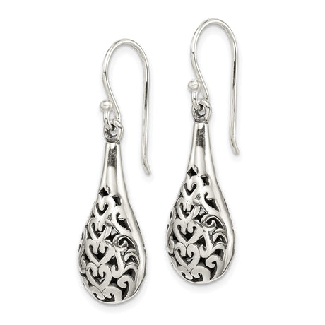 Sterling Silver Teardrop Dangle Earrings with Filigree Heart Scroll Design for Women